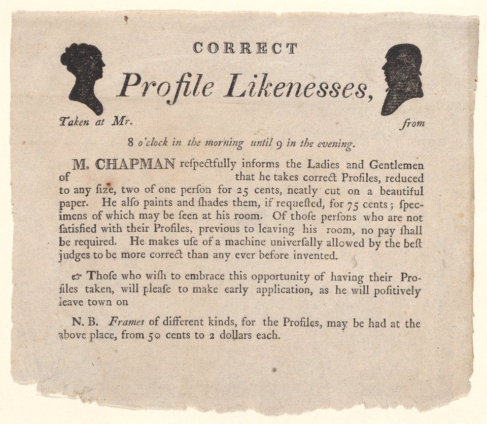 Advertisement for profile likenesses by Moses Chapman Met DP887376