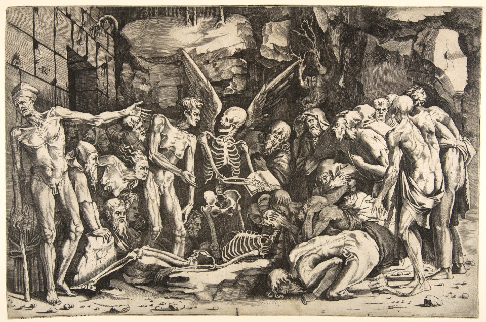 A group of emaciated men and women gathered around a skeleton laid on the ground and a figure of Death as a winged skeleton standing above it holding an open book MET DP818696