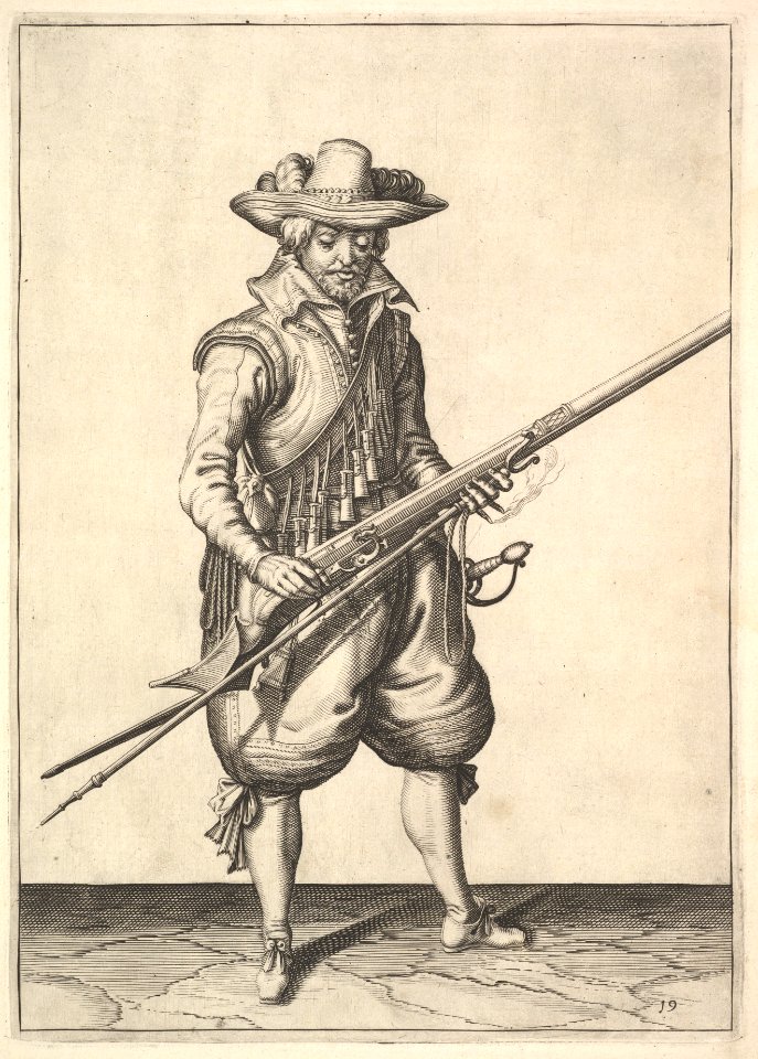 A soldier shaking the powder from the top of the pan, from the Musketeers series, plate 19, in Wapenhandelinghe van Roers Musquetten Ende Spiessen (The Exercise of Arms) MET DP828800