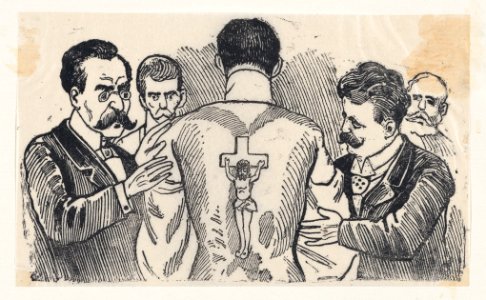 A group of men looking at a man's back with an image of the Crucifixion MET DP869373