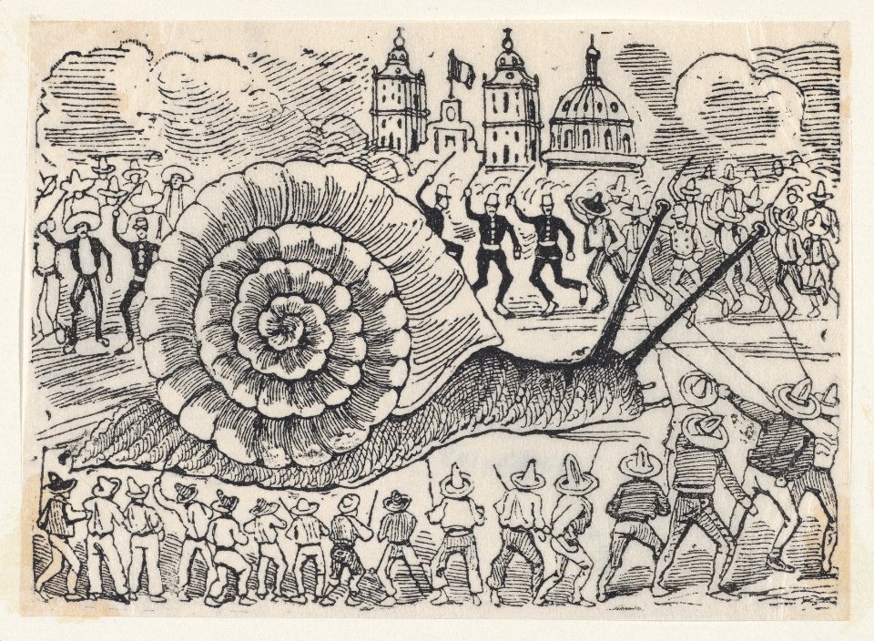 A group of people attacking a giant snail MET DP869357