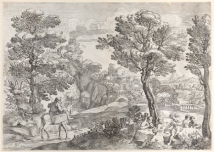A group of people playing cards at right and a man on horseback at left Met DP885629