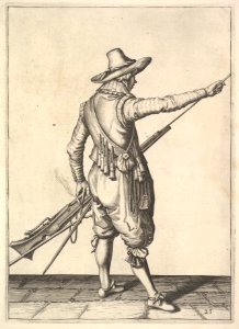 A soldier pulling out the ramrod from its holder, from the Musketeers series, plate 25, in Wapenhandelinghe van Roers Musquetten Ende Spiessen (The Exercise of Arms) MET DP828801. Free illustration for personal and commercial use.