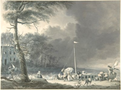 A Stormy Scene with Figures Unloading Boats Near a House on the Water's Edge MET DP800184