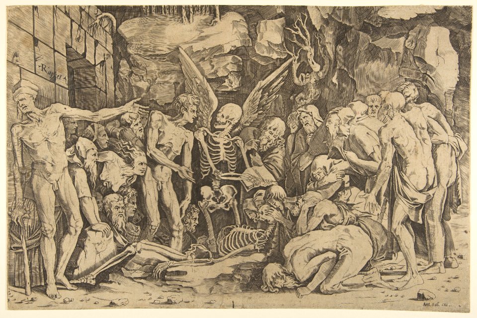 A group of emaciated men and women gathered around a skeleton laid on the ground and a figure of Death as a winged skeleton standing above it holding an open book MET DP818698