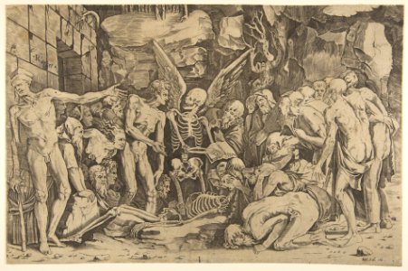 A group of emaciated men and women gathered around a skeleton laid on the ground and a figure of Death as a winged skeleton standing above it holding an open book MET DP818698