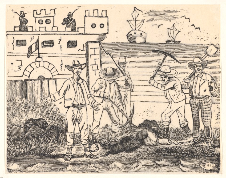 A group of prisoners performing labor by the sea, from a broadside entitled "Ultimas noticias de Gerardo Nevraumont y compañeros' MET DP874464