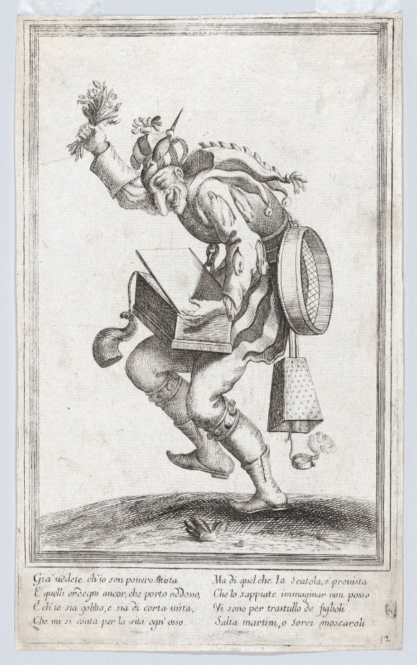 A grotesque figure representing a poor itinerant artist loaded with various implements relating to his trade MET DP872954