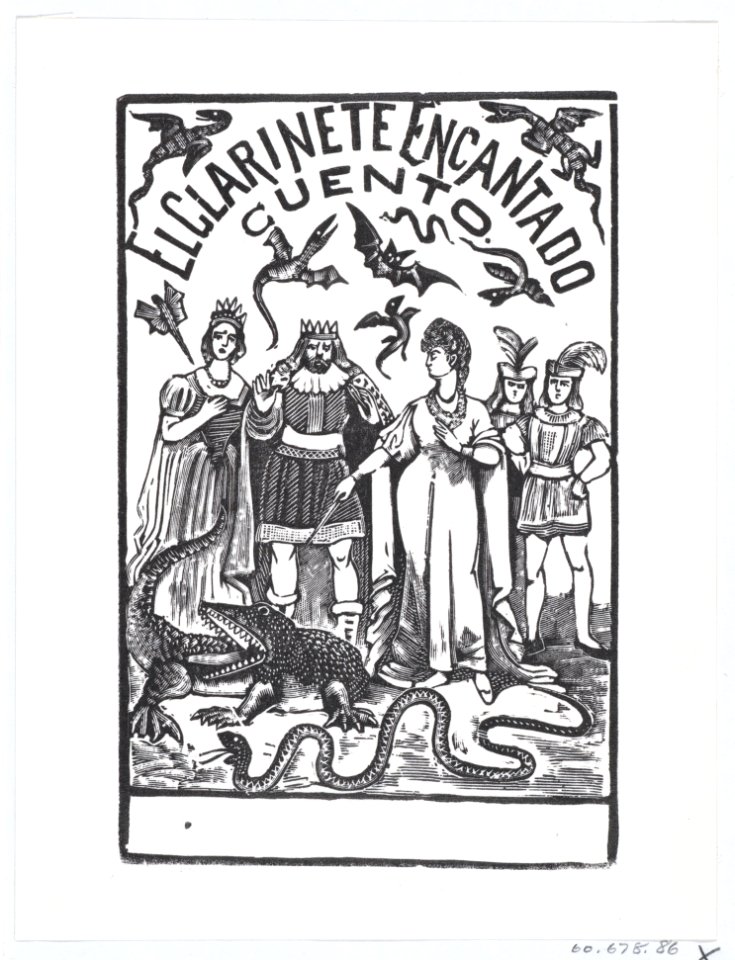A sorceress pointing her wand at a crocodile while royal figures watch, illustration for 'El Clarinete Encantado' MET DP869494