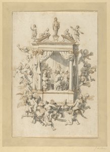 A Group of Men and Women Playing Chamber Music Within a Portico, Surmounted by Statues of Apollo and Female Figures, and Surrounded by Putti MET DP850977