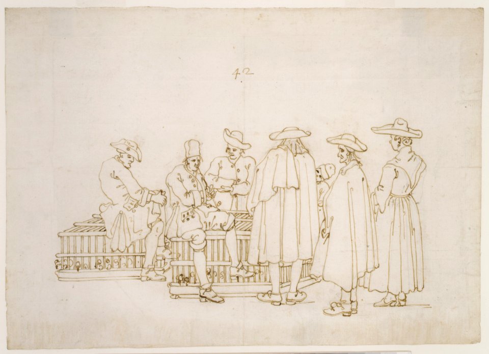 A Group of Figures Surrounding Two Bird-coops MET DR201