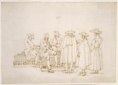 A Group of Figures Surrounding Two Bird-coops MET DR201