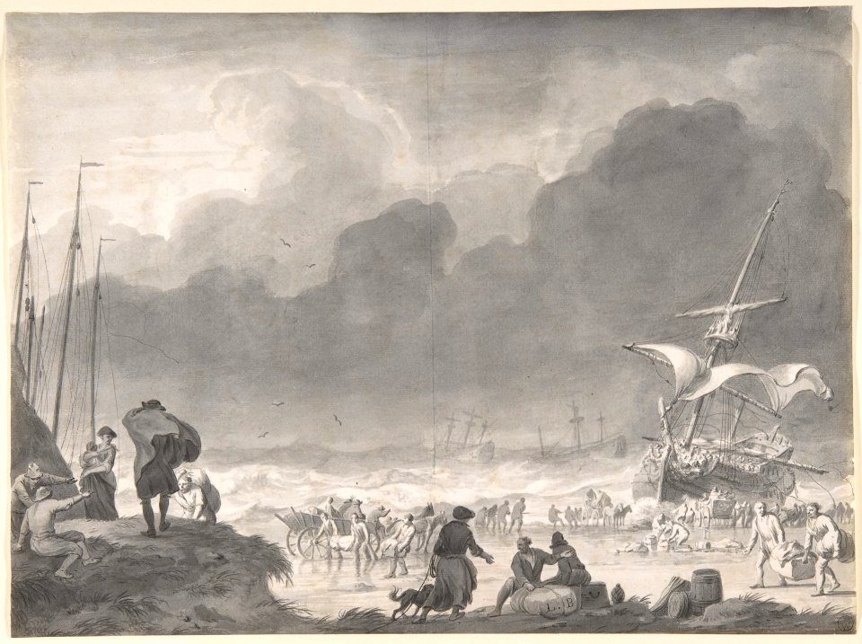 A Ship Wrecked on a Shore on a Stormy Night, with Survivors Salvaging Their Goods MET DP800093