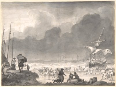 A Ship Wrecked on a Shore on a Stormy Night, with Survivors Salvaging Their Goods MET DP800093