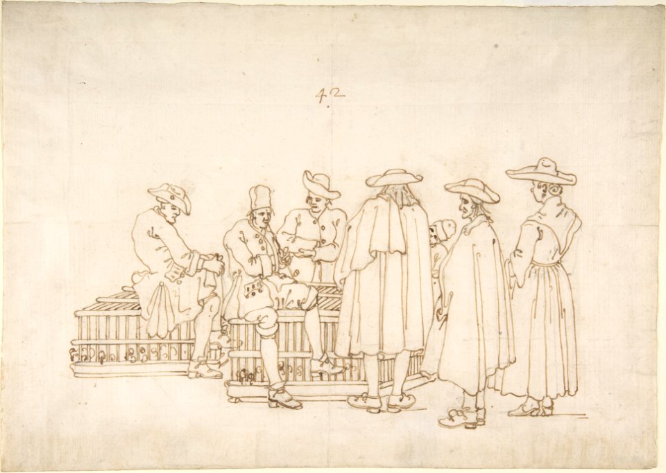 A Group of Figures Surrounding Two Bird-coops MET DP808196