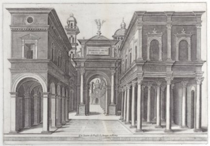 A street with buildings, colonnades and an arch Met DP885841