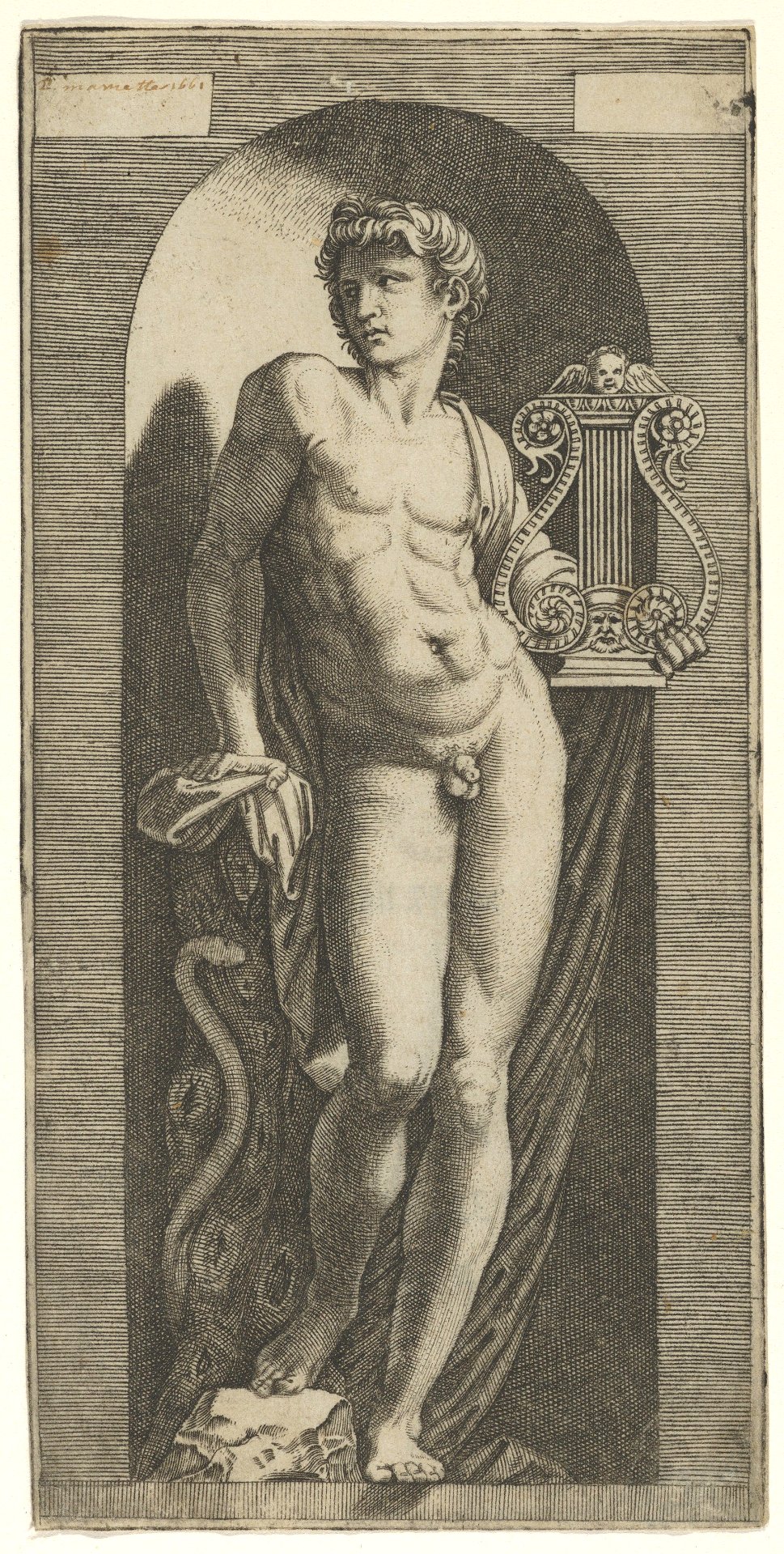 A statue of Apollo, naked standing in a niche, holding a lyre in his left  hand and leaning on a tree trunk MET DP853517 - Traditional visual art  under Public domain license