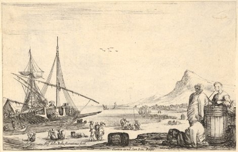 A ship disembarking to left, two galley slaves stand and one sits next to a barrel to right, various other figures on the shore, a mountain to right in the background, from 'Varie figure' MET DP833226