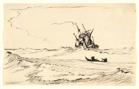 A Storm at Sea with a Large Ship and a Small Boat with Two Figures MET DP857012