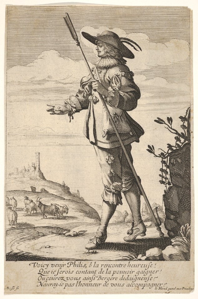 A shepherd holding a crook in his left hand and walking with a hill, a town and goats in the distance at left MET DP834194