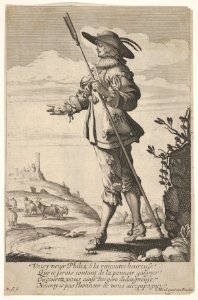 A shepherd holding a crook in his left hand and walking with a hill, a town and goats in the distance at left MET DP834194