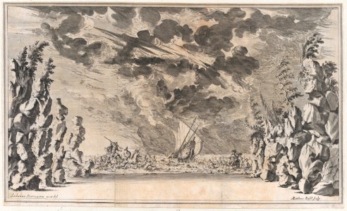 A shore framed by rocks, with Neptune in his chariot on the left and Salacia in hers on the right; at center, a ship caught in a storm; set design from 'Il Pomo D'Oro' MET DP874690