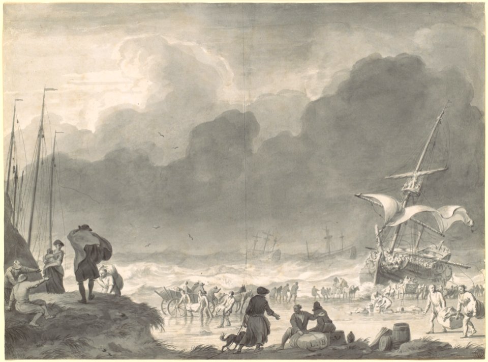 A Ship Wrecked on a Shore on a Stormy Night, with Survivors Salvaging Their Goods MET DP119734