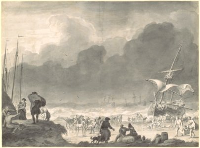 A Ship Wrecked on a Shore on a Stormy Night, with Survivors Salvaging Their Goods MET DP119734
