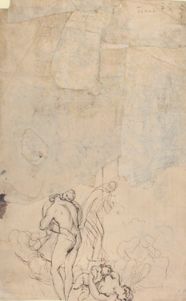 Abraham Entertaining the Three Angels (Genesis 18-1-15) (recto); A Couple Embracing, and Other (verso) MET 61.158.2 VERSO