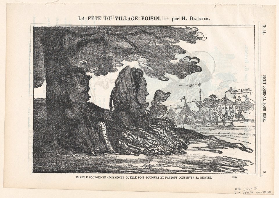 A bourgeois family convinced that they must preserve their dignity always and everywhere, from 'A celebration in the neighboring village,' published in Le Petit Journal pour Rire, June 24, 1865 MET DP877375