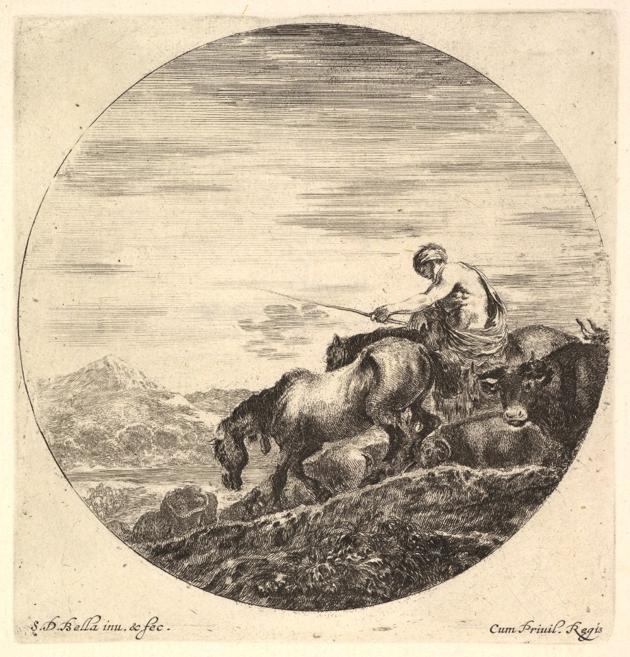 A shepherd at right, facing left, driving a group of animals downhill, a round composition, from 'Six animal subjects' (Six sujets d'animaux) MET DP827818