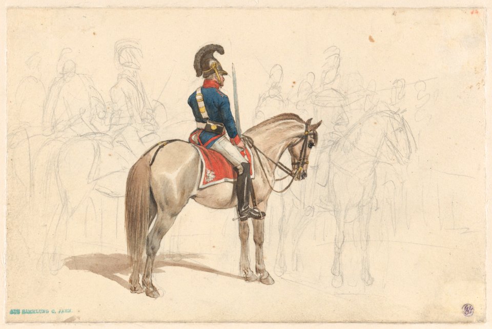 A Cart Drawn by a Brown Horse Near a Lamp Pole; Verso- A Group of Mounted Officers MET DP860665