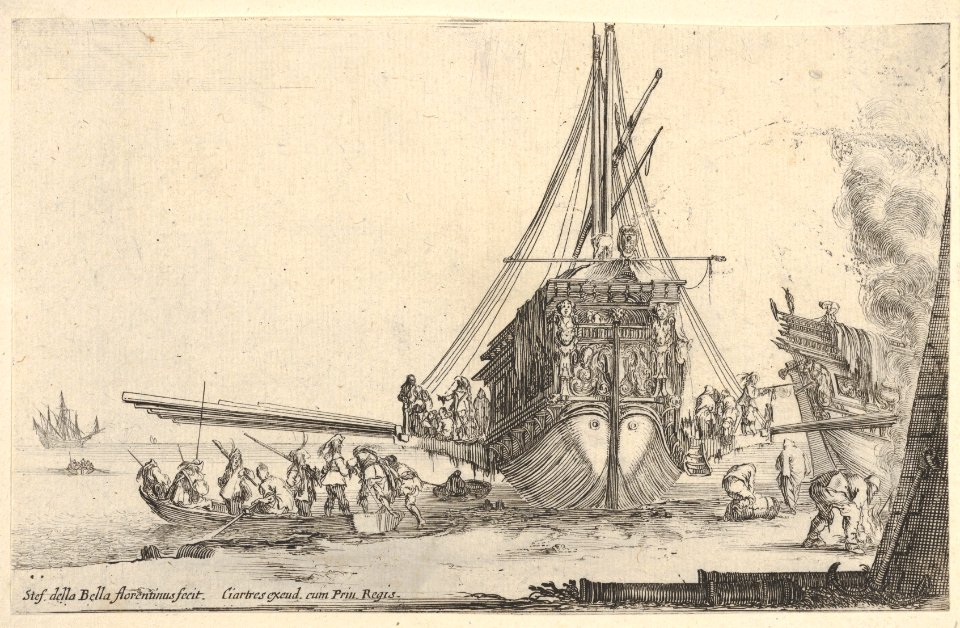 A galley embarking at center, seen from behind, the stern of another galley to right under a fire, eight men in a rowboat to left, from 'Varie figure' MET DP833225