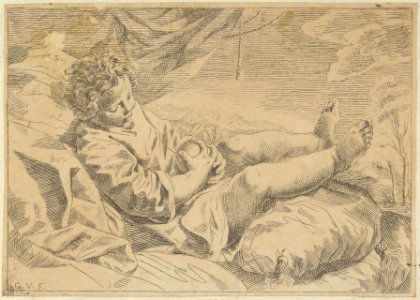 A child sleeping on a cushion, holding a piece of fruit (?), a curtain behind him, after Reni (?) MET DP841756