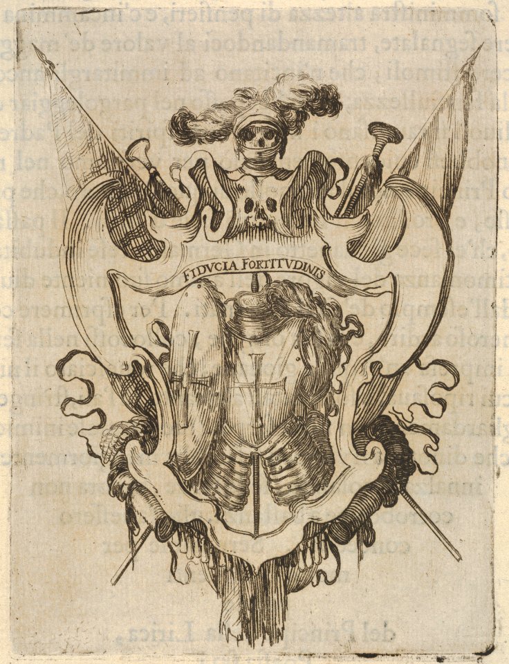 A cartouche with armor, a skull with armor and a helmet with feathers at top, from 'Eight Emblems for the Funeral of Francesco de Medici' (Huit emblèmes pour les funérailles du prince François de Médicis) MET DP833507