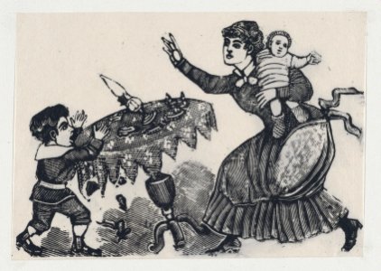 A child tipping a table over, his mother rushing to help MET DP867998