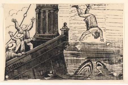A man being thrown to the sharks, from a broadside entitled 'Triste Fin de Gerardo Nevraumont' MET DP869610