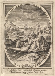 A couple seated on the ground, the man holding a goblet and reclining against the woman's leg, a ship at sea and landscape beyond MET DP828321