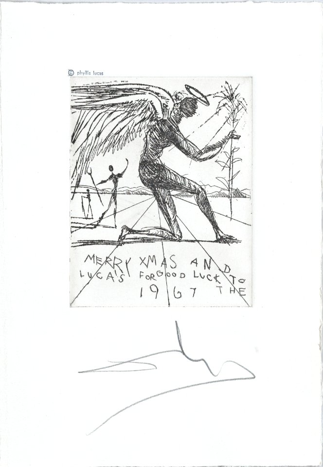 A Christmas card to the Lucas family, a kneeling angel and two other figures MET DP876056