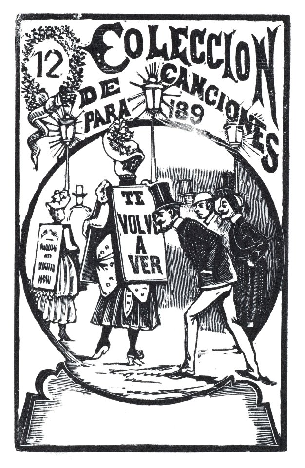 A man bending down to look at a woman with a sign on her back, illustration for 'El Abanico (The Admirer)' MET DP874475
