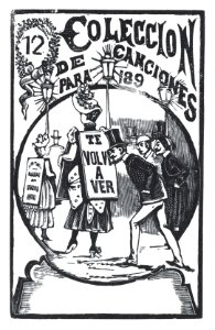 A man bending down to look at a woman with a sign on her back, illustration for 'El Abanico (The Admirer)' MET DP874475