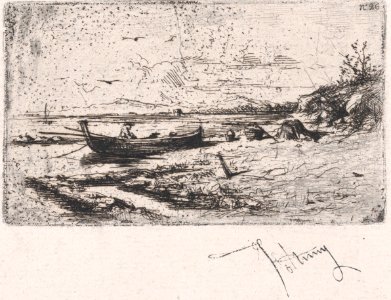 A boat near the shoreline of a beach or a river MET DP876128