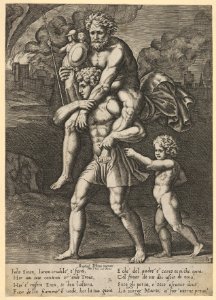Aeneas carrying Anchises on his shoulders while Troy burns in the background MET DP832640
