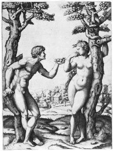 Adam and Eve flanked by two trees, a town in the background MET MM14113