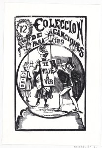 A man bending down to look at a woman with a sign on her back, illustration for 'El Abanico (The Admirer)' MET DP869480