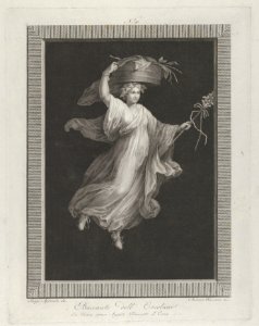 A bacchante carrying a large basket on her head and holding a staff in her left hand, set against a black background inside a rectangular frame MET DP842055