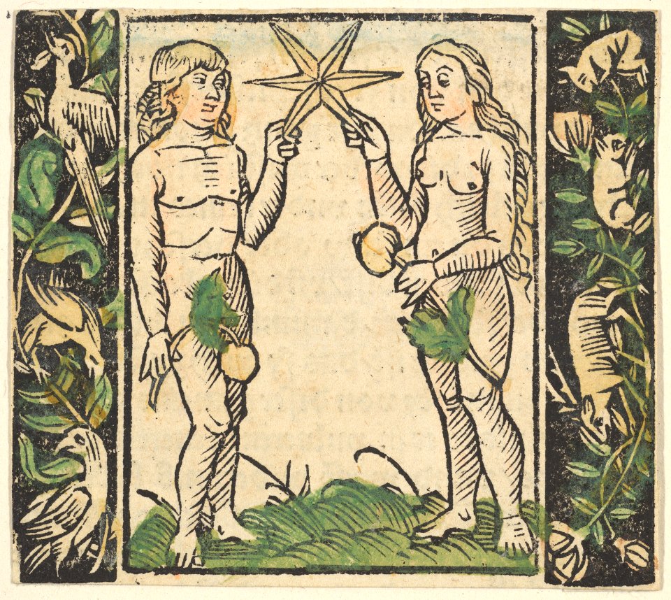 Adam and Eve Holding a Star, illustration from Beschlossen Gart des Rosenkranz Mariae MET DP826734