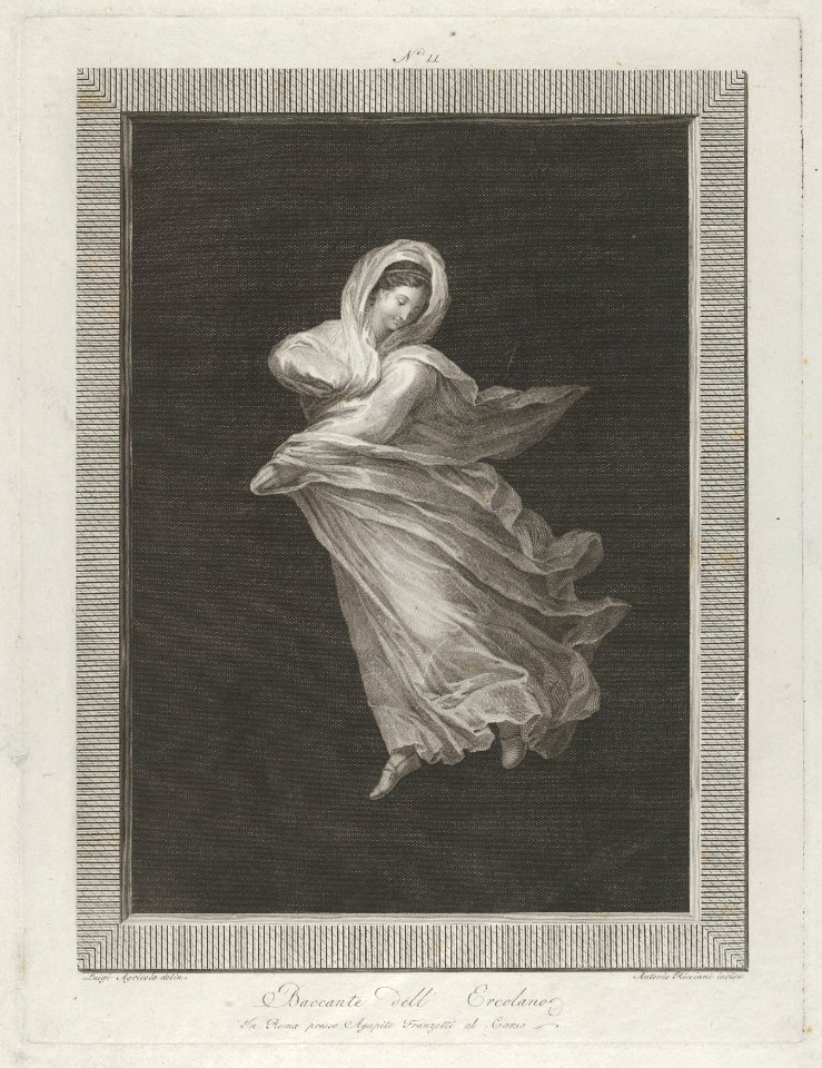 A bacchante wearing a flowing drapery, looking down, right arm bent and left arm outstretched, set against a black background inside a rectangular frame MET DP842054