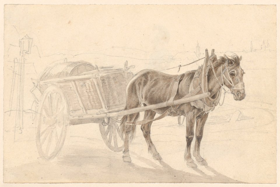 A Cart Drawn by a Brown Horse Near a Lamp Pole; Verso- A Group of Mounted Officers MET DP860664