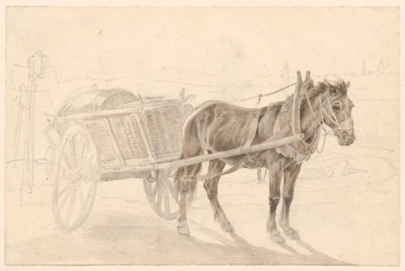 A Cart Drawn by a Brown Horse Near a Lamp Pole; Verso- A Group of Mounted Officers MET DP860664